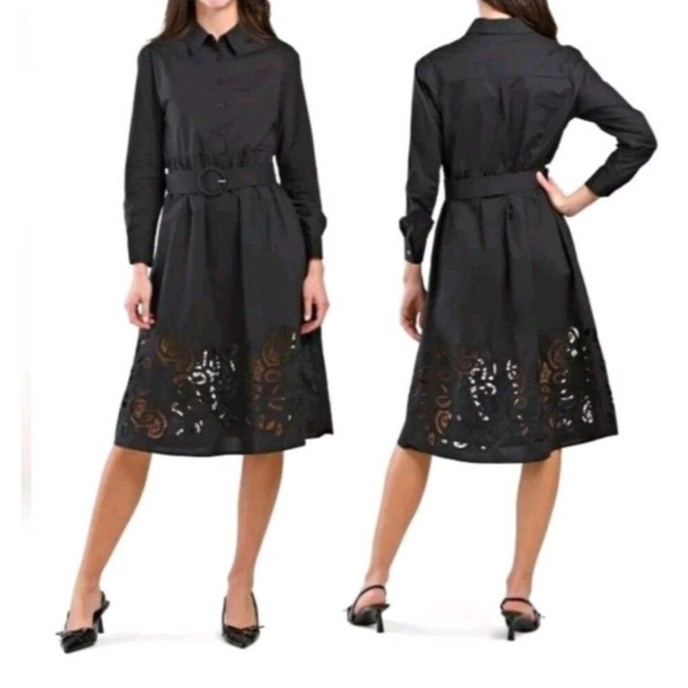 NEW Tahari Shirt Dress Large Belted Black Button Embroidered Eyelet Western